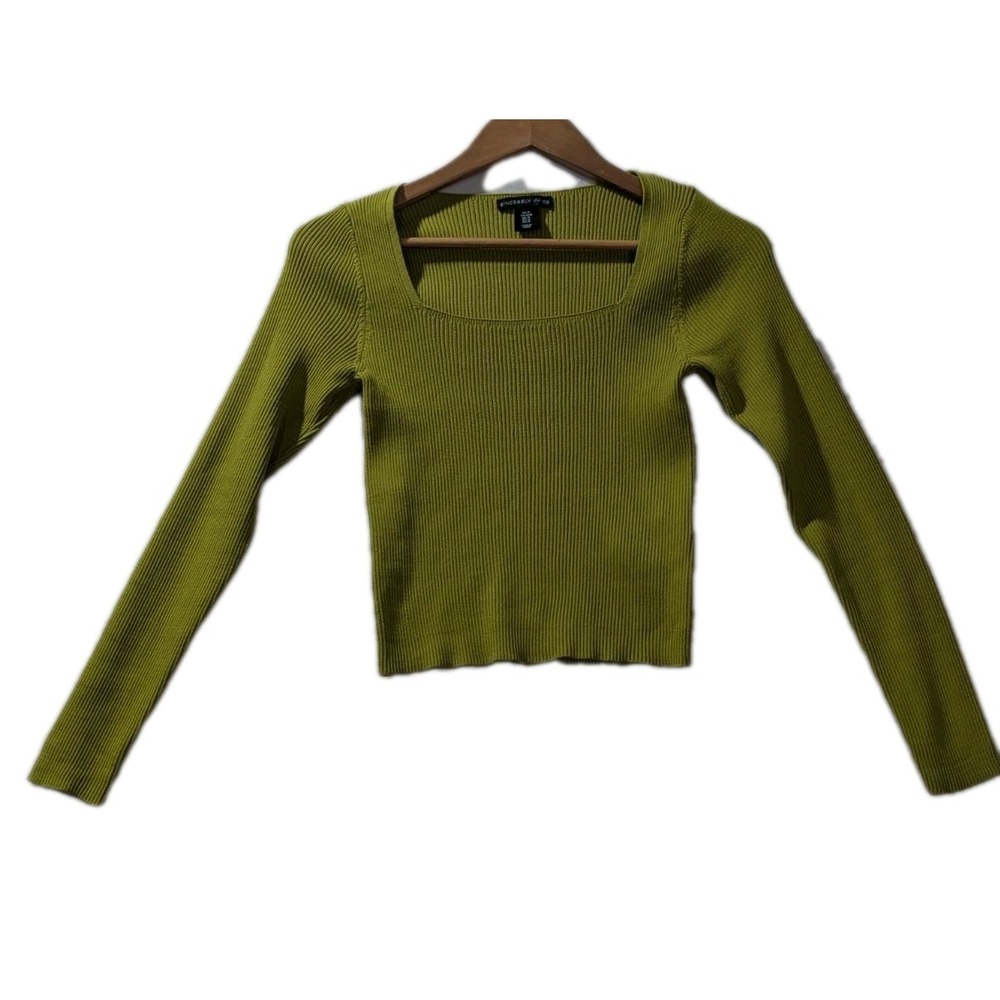 Sincerely Jules Ribbed Crop Sweater Square Neck Long Sleeve Green‎ M